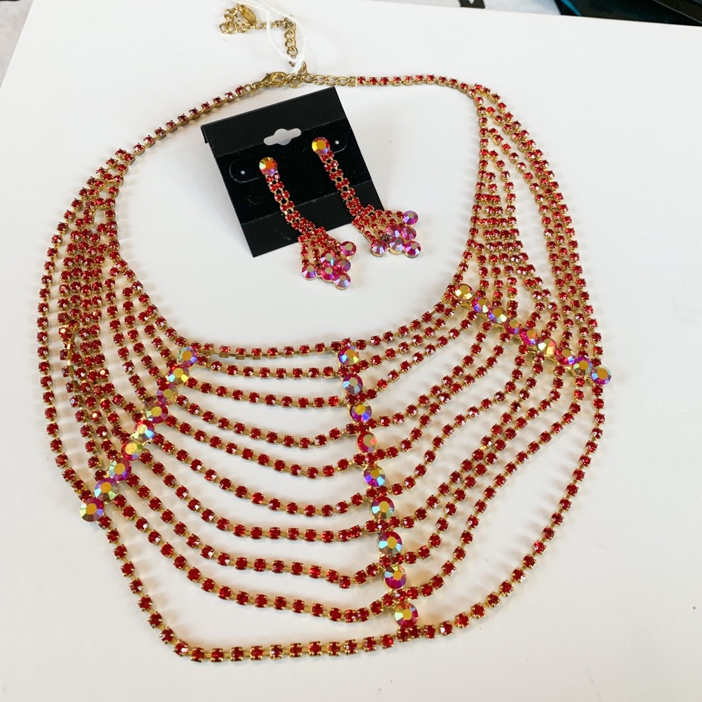 Elegant Red Beaded Necklace and Earring Set